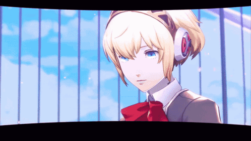 A Girl Wearing Headphones And A Red Bow Tie Stands In Front Of A Blue Sky GIF