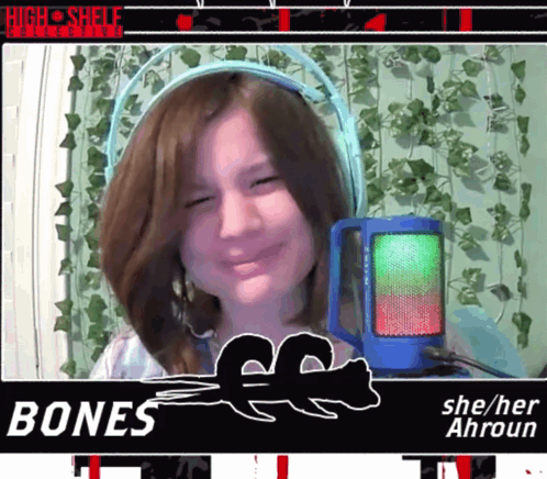 a girl wearing headphones and a sign that says bones on it