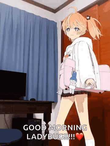 A Girl With A Bag Says Good Morning Ladybug !!! GIF