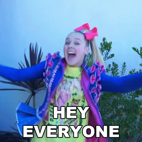 A Girl With A Blue Jacket And A Yellow Shirt Says " Hey Everyone " GIF