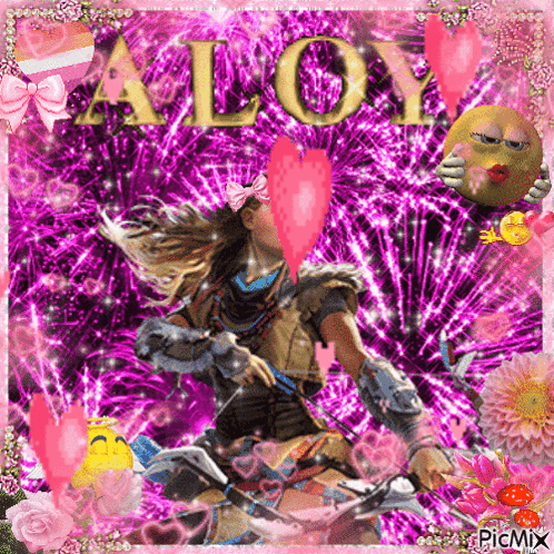 A Girl With A Bow And Arrow Is Surrounded By Hearts And Fireworks With The Name Aloy GIF