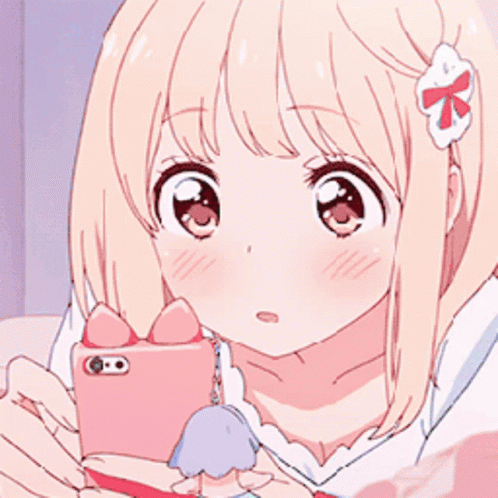 A Girl With A Bow In Her Hair Is Holding A Pink Cell Phone GIF