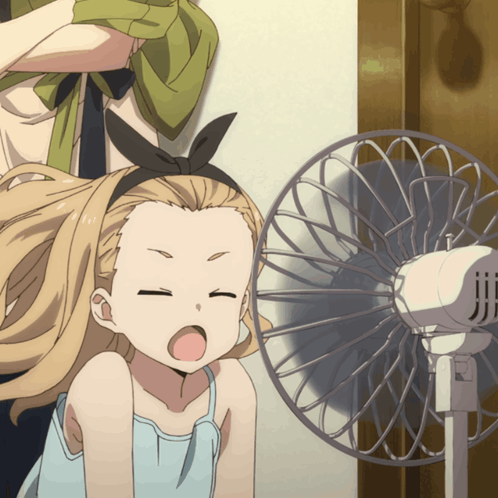 A Girl With A Bow On Her Head Is Looking At A Fan GIF