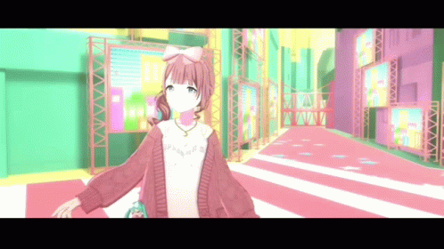 A Girl With A Bow On Her Head Is Standing In A Pink Room . GIF