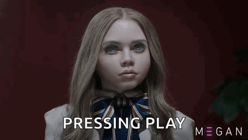 A Girl With A Bow Tie And The Words Pressing Play Megan On The Bottom GIF