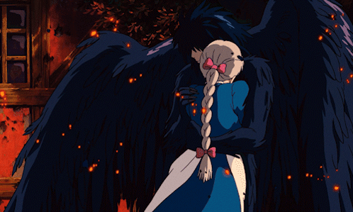 A Girl With A Braid Is Standing Next To A Man With Wings GIF