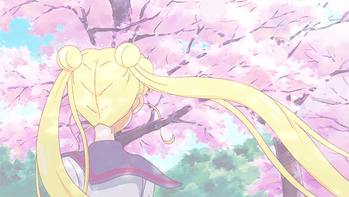 A Girl With A Bun In Her Hair Is Standing Under A Tree With Pink Flowers GIF
