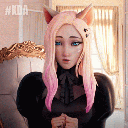 A Girl With A Cat Ear And The Hashtag #Kda On The Bottom Right GIF