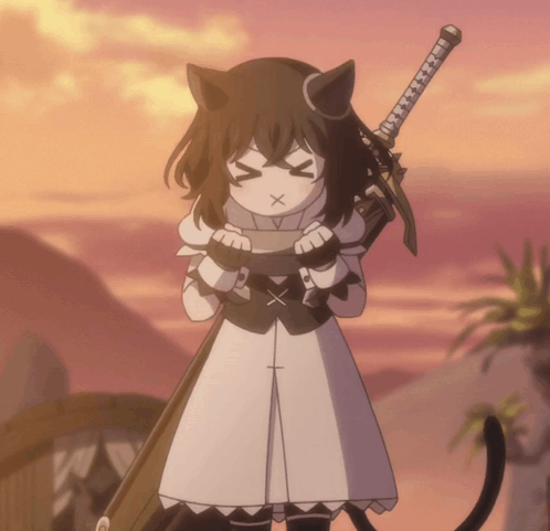 A Girl With A Cat Ear Holding A Sword With A X On Her Face GIF
