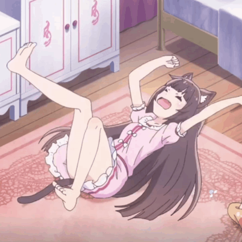 A Girl With A Cat Ear Is Laying On The Floor With Her Arms Outstretched GIF