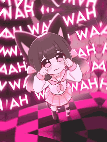 A Girl With A Cat Ear Is Standing In Front Of A Wall Of Wah GIF