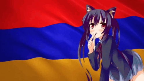 A Girl With A Cat Ear Is Standing In Front Of An Armenian Flag GIF