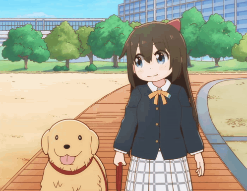 A Girl With A Cat Ear Is Walking A Dog On A Leash In A Park GIF