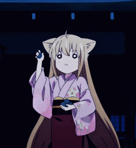 A Girl With A Cat Ear Is Wearing A Kimono And Holding A Blue Cube GIF