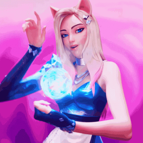A Girl With A Cat Ear On Her Head Is Holding A Blue Ball GIF