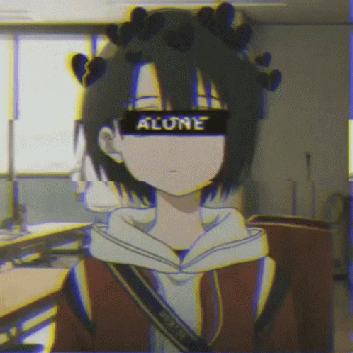 A Girl With A Crown Of Hearts On Her Head Is Wearing A Mask With The Word Alone On It . GIF