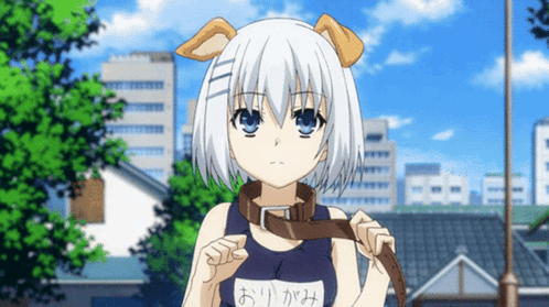 A Girl With A Dog Collar And Ears Is Wearing A Swimsuit That Says ' Origami ' On It GIF
