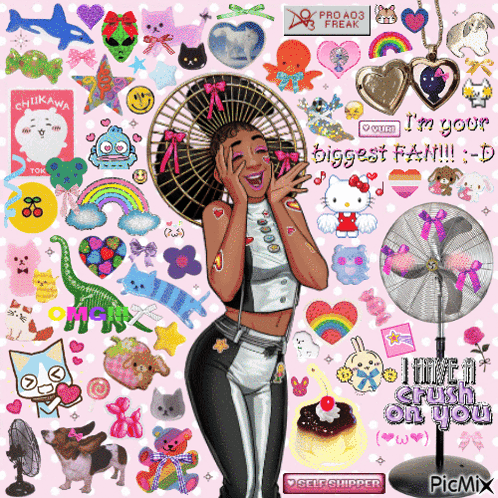A Girl With A Fan On Her Head Is Surrounded By Stickers Including Hello Kitty GIF