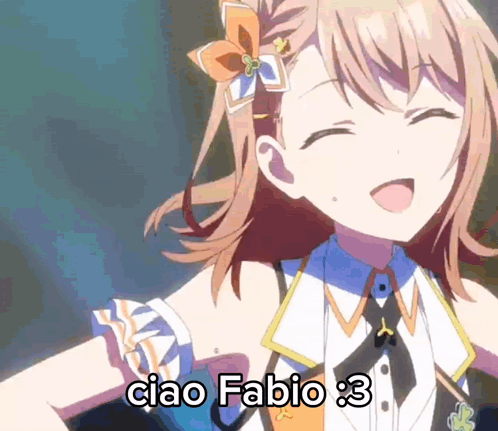 a girl with a flower in her hair says " ciao fabio 3 "