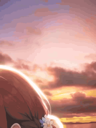 A Girl With A Flower In Her Hair Stands In Front Of A Sunset Sky GIF