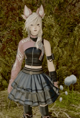 A Girl With A Fox Ear Is Wearing A Black Skirt And A Pink Top That Says ' Ns ' GIF