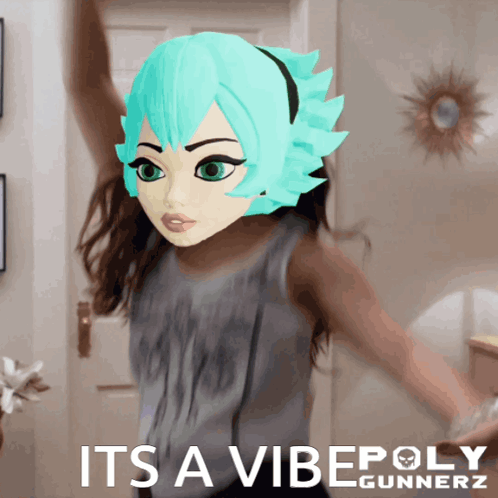 A Girl With A Mask On Her Head Is Dancing With The Words It 'S A Vibepoly Gunnerz Below Her GIF