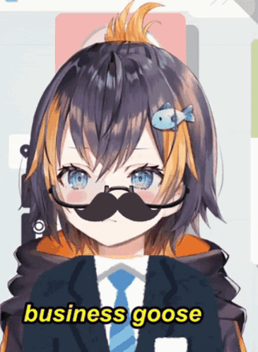 A Girl With A Mustache Is Wearing A Suit And Tie And Says " Business Goose " GIF