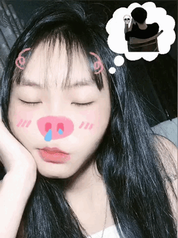 A Girl With A Pig Nose And A Thought Bubble Of A Skeleton GIF