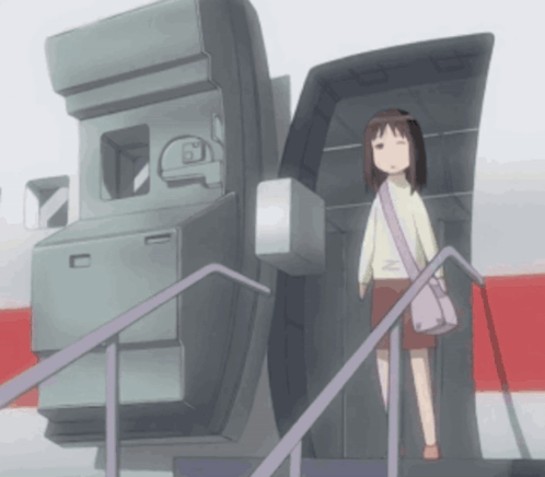 A Girl With A Pink Bag Is Walking Up Stairs GIF