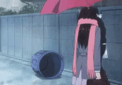 A Girl With A Pink Scarf Is Holding An Umbrella In The Rain Next To A Trash Can . GIF
