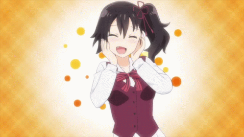 A Girl With A Ponytail Is Smiling And Covering Her Ears With Her Hands GIF
