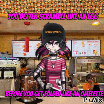 A Girl With A Popeye Hat Is Standing In A Restaurant GIF