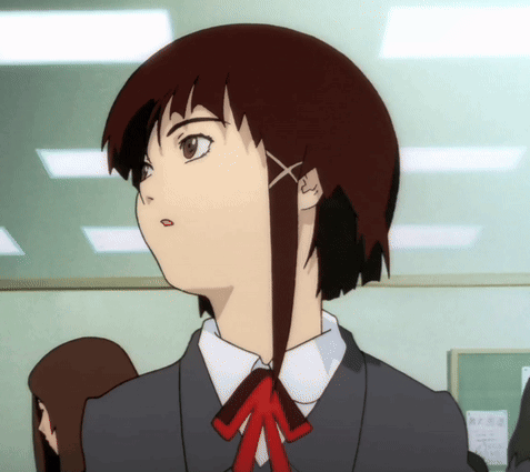 A Girl With A Red Bow In Her Hair Looks Up GIF