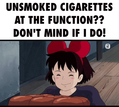 a girl with a red bow is holding a bunch of cigarettes