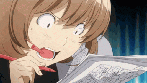 A Girl With A Red Pen In Her Mouth Is Looking At A Drawing GIF