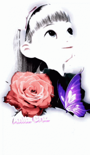 A Girl With A Red Rose And A Purple Butterfly With The Name Anthony Cruz On The Bottom GIF