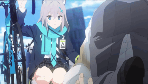 A Girl With A Scarf Around Her Neck Is Standing Next To A Bicycle That Says " Ronen " On It GIF