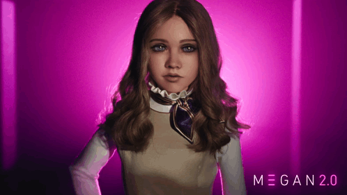 A Girl With A Scarf Around Her Neck Stands In Front Of A Purple Background That Says Megan 2.0 On It GIF