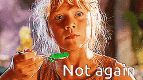 A Girl With A Spoon In Her Mouth And The Words Not Again On The Bottom Right GIF