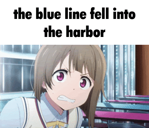 A Girl With A Surprised Look On Her Face And The Words " The Blue Line Fell Into The Harbor " Below Her GIF