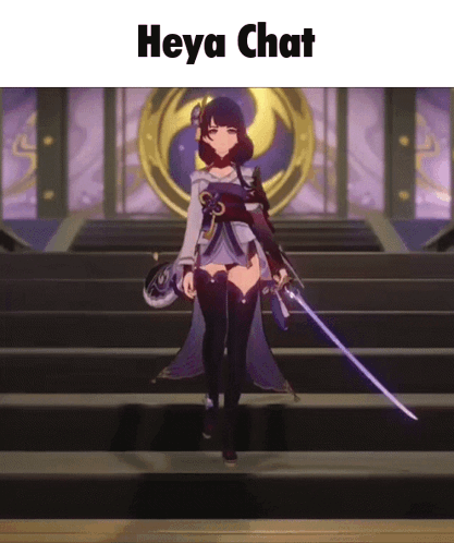 a girl with a sword is standing on a set of stairs with the words heya chat above her