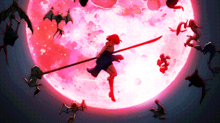 A Girl With A Sword Is Surrounded By Bats And A Full Moon GIF