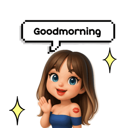 A Girl With A Tattoo On Her Arm And A Speech Bubble Saying Good Morning GIF