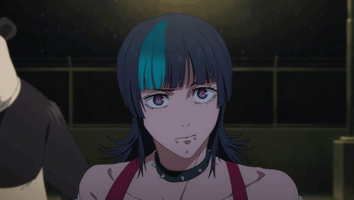 A Girl With Black And Blue Hair Has Purple Eyes And A Choker Around Her Neck GIF