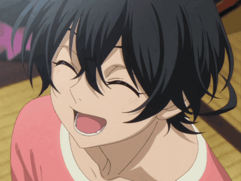 A Girl With Black Hair And A Pink Shirt Smiles With Her Mouth Open GIF