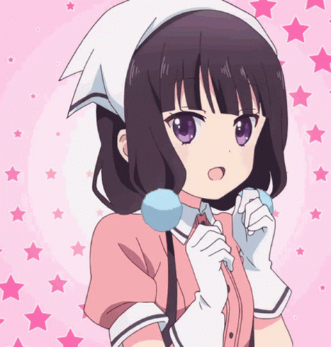 A Girl With Black Hair And Purple Eyes Is Holding A Blue Ball In Her Hand GIF