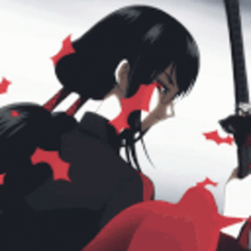 A Girl With Black Hair And Red Bows Is Holding A Sword In Her Hand GIF