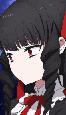 A Girl With Black Hair And Red Eyes Has A Red Bow GIF