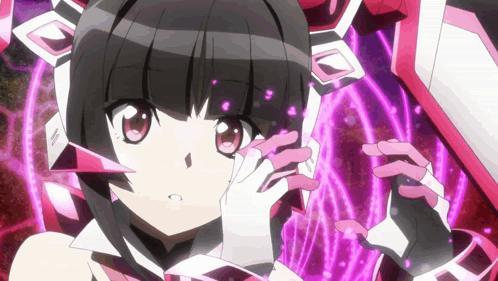 A Girl With Black Hair And White Gloves Is Surrounded By Purple Circles GIF