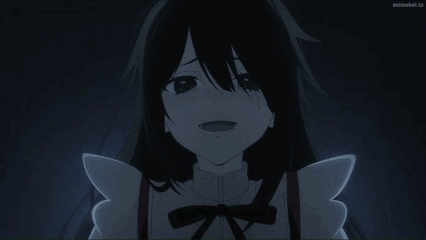 A Girl With Black Hair And Wings Is Smiling In A Dark Room GIF